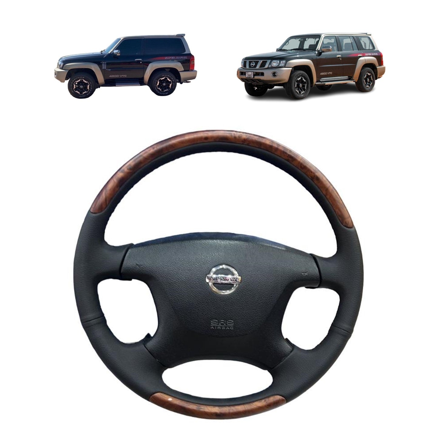 Black Steering Wheel with Matt Brown Wood Safari Nissan Patrol Y61 VTC GU