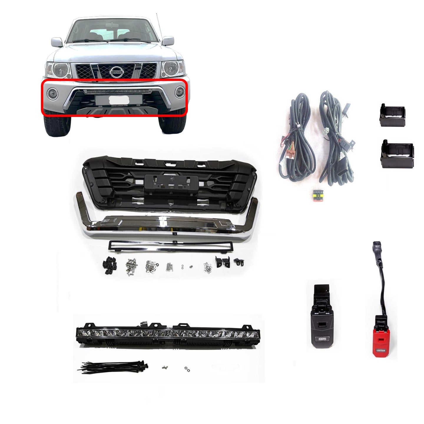 Falcon Front Bumper Guard and LED Lightbar and DRL Halo Fog Lights (Nissan Patrol Y61 VTC GU Safari Falcon Edition)