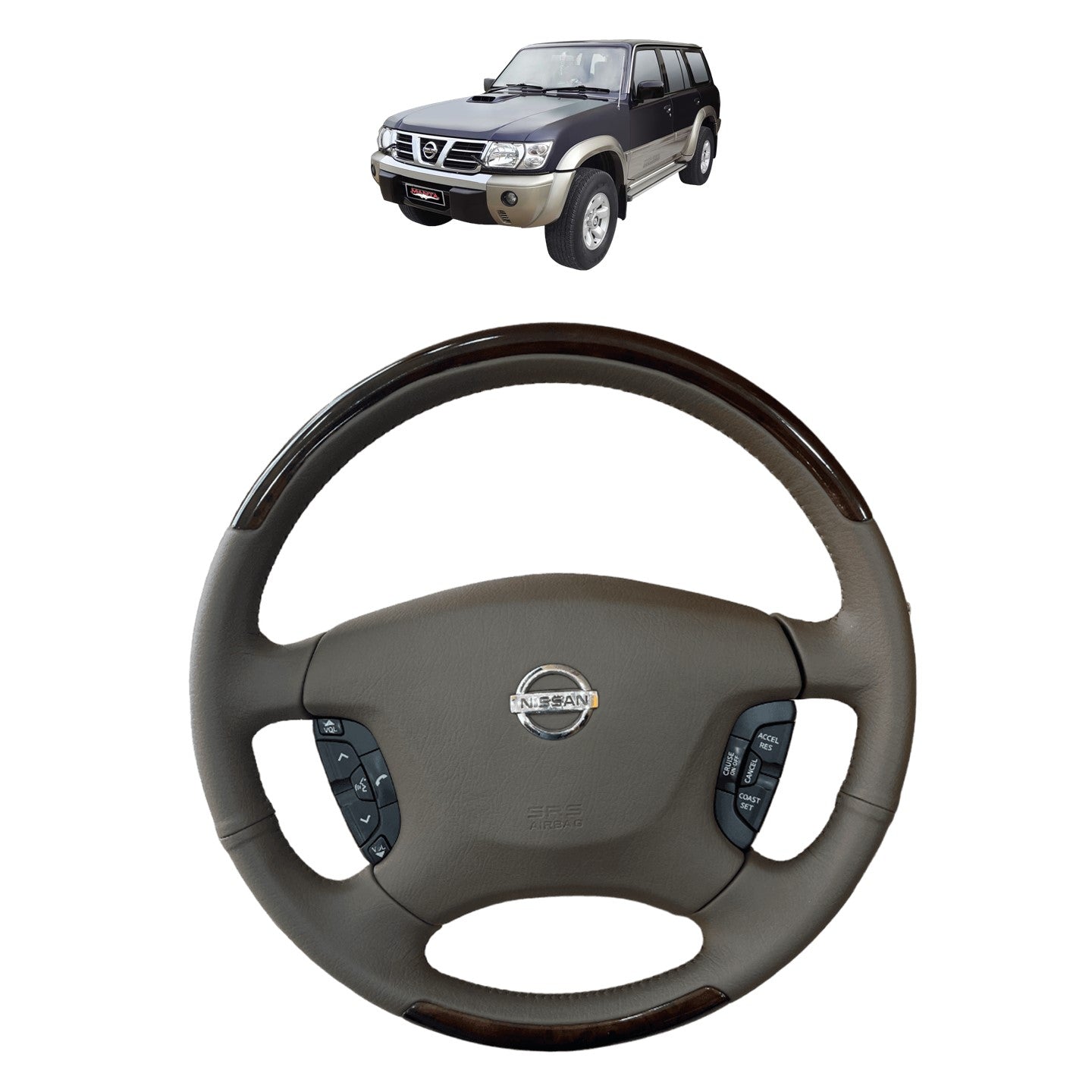 Brown Steering Wheel with Brown Wood Super Safari Nissan Patrol Y61 VTC GU