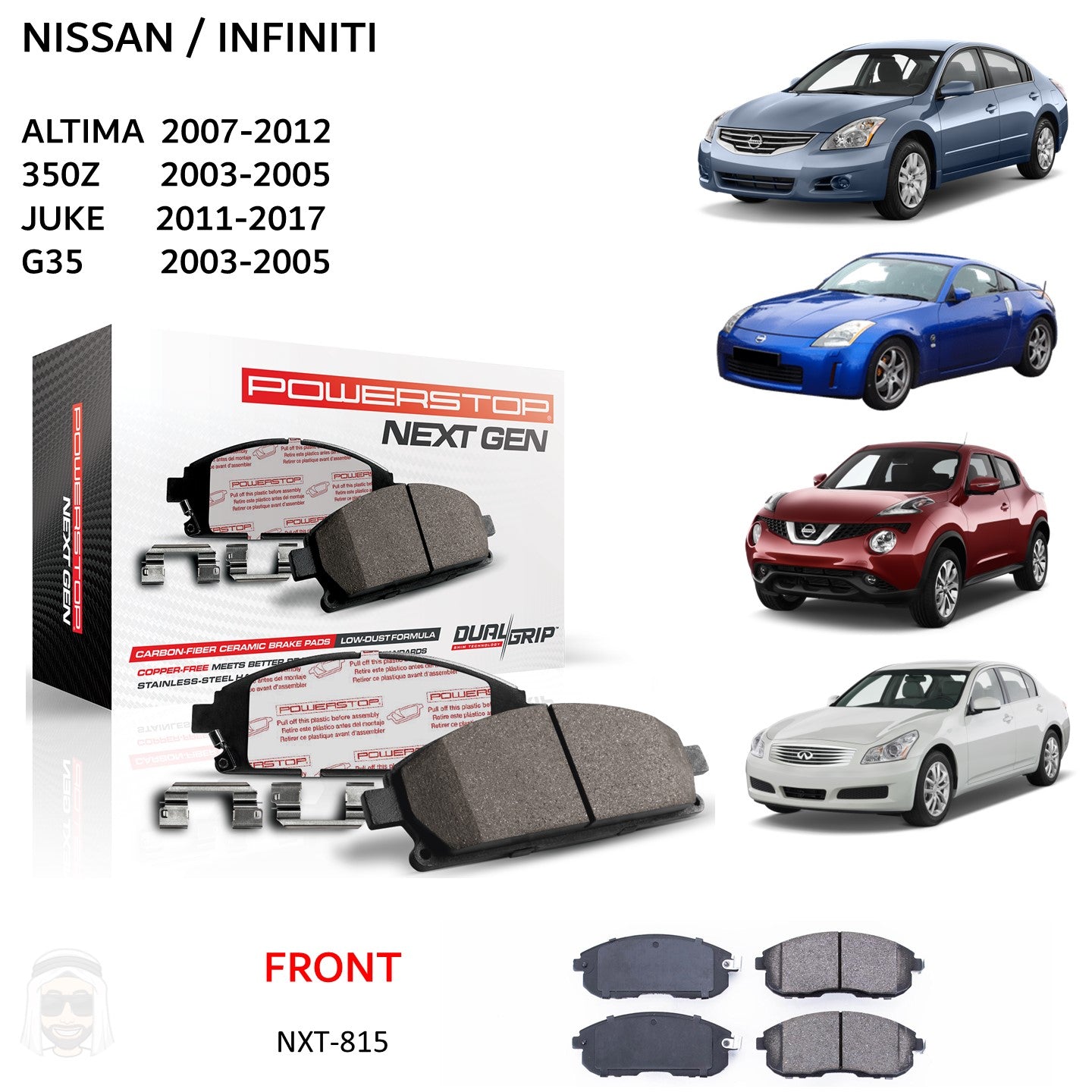 Nissan Infiniti Altima 350Z Juke G35 - Front Carbon Fiber Ceramic Brake Pads by PowerStop NextGen (NXT-815)
