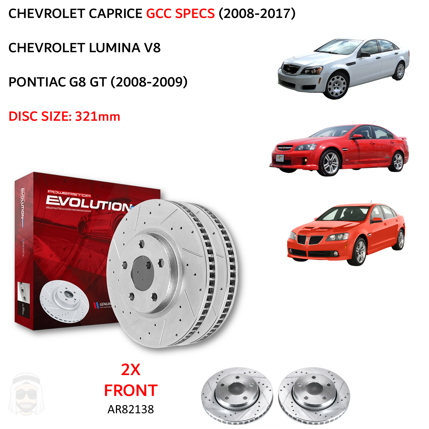 Caprice V8 GCC 321mm Front Drilled and Slotted Brake Disc Rotors by PowerStop Evolution (Chevrolet Pontiac G8 GT) (AR82138XPR)