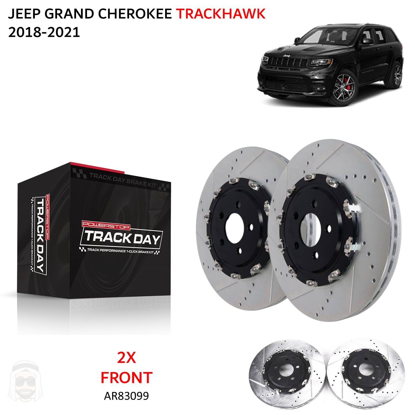 Jeep Trackhawk (2018-2021) 2-Piece Floating Front Drilled and Slotted Brake Disc Rotors by PowerStop Track Day (Grand Cherokee)