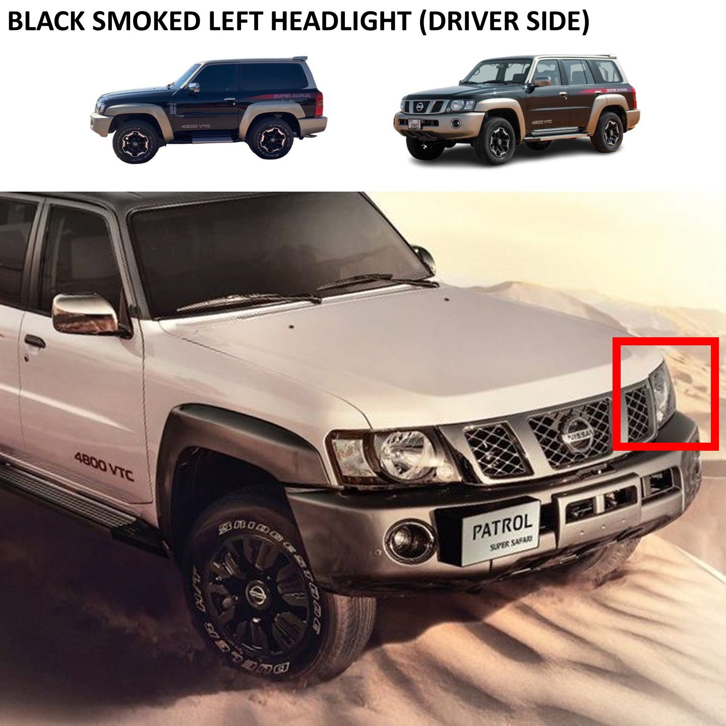 Black Smoked Left Headlight - Nissan Patrol Y61 VTC GU