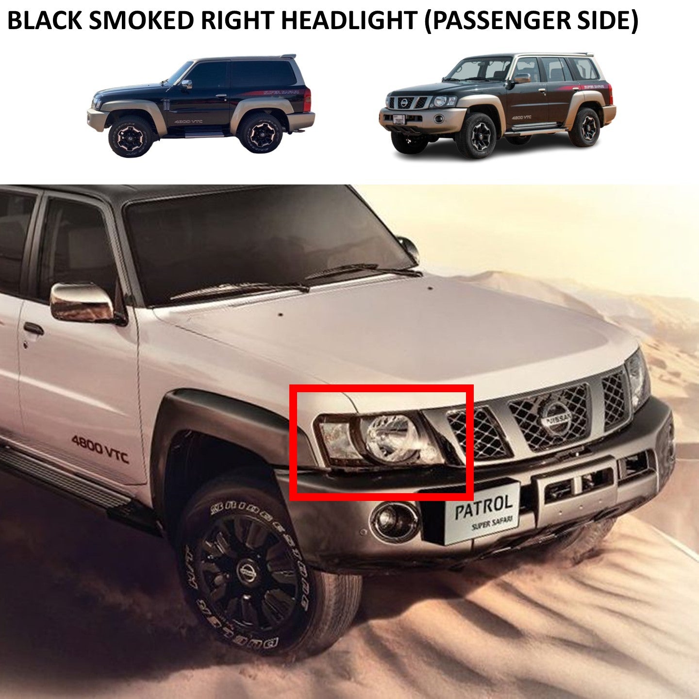 Black Smoked Right Headlight - Nissan Patrol Y61 VTC GU