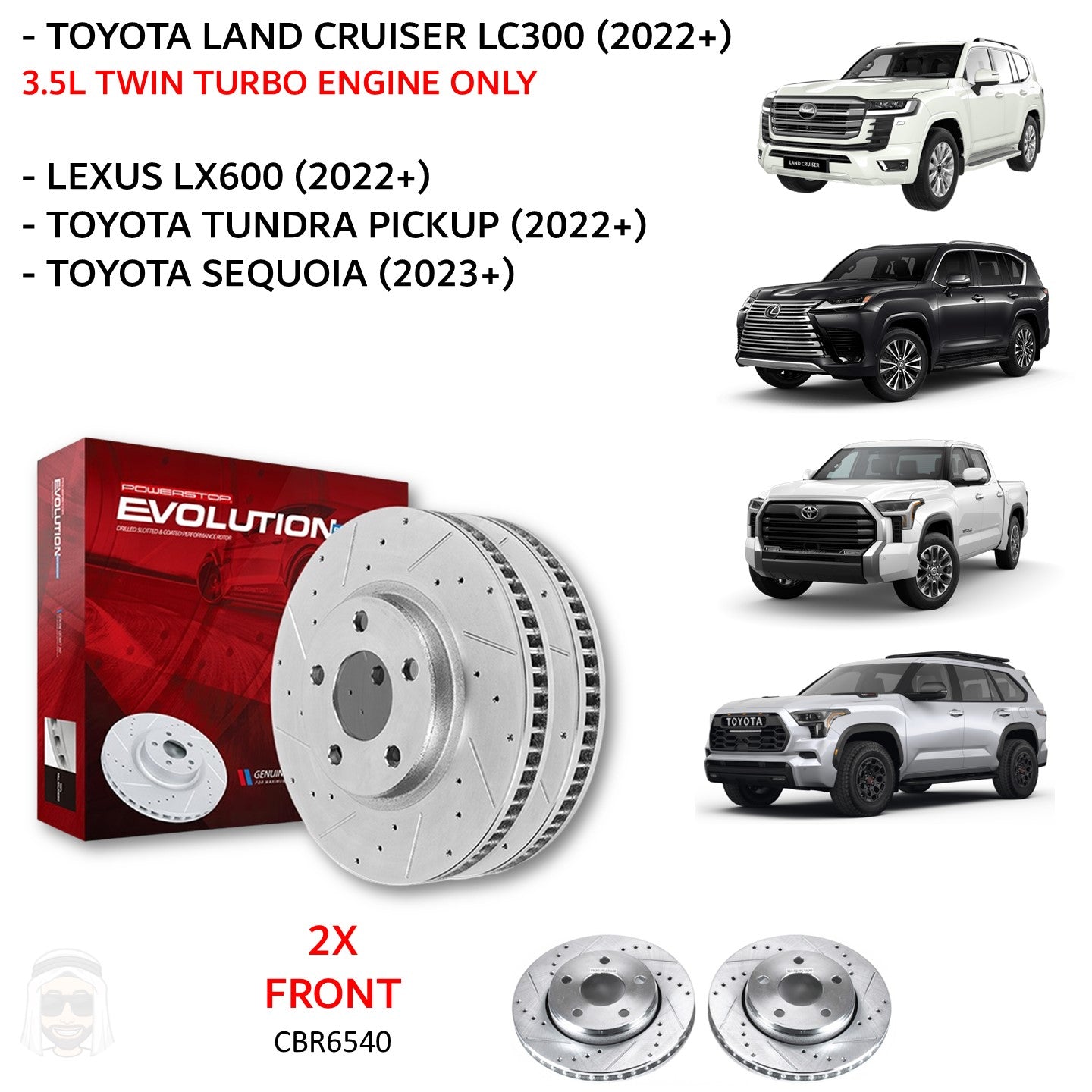 Toyota LC300 Lexus LX600 (2022 and above) - Front Drilled and Slotted Brake Disc Rotors by PowerStop Evolution (Land Cruiser 3.5L Twin Turbo VXR GR Tundra Sequoia) (CBR6540XPR)