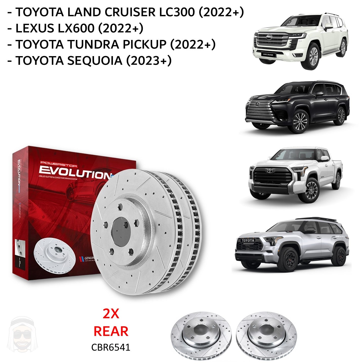 Toyota LC300 Lexus LX600 (2022 and above) - Rear Drilled and Slotted Brake Disc Rotors by PowerStop Evolution (Land Cruiser Tundra Sequoia) (CBR6541XPR)