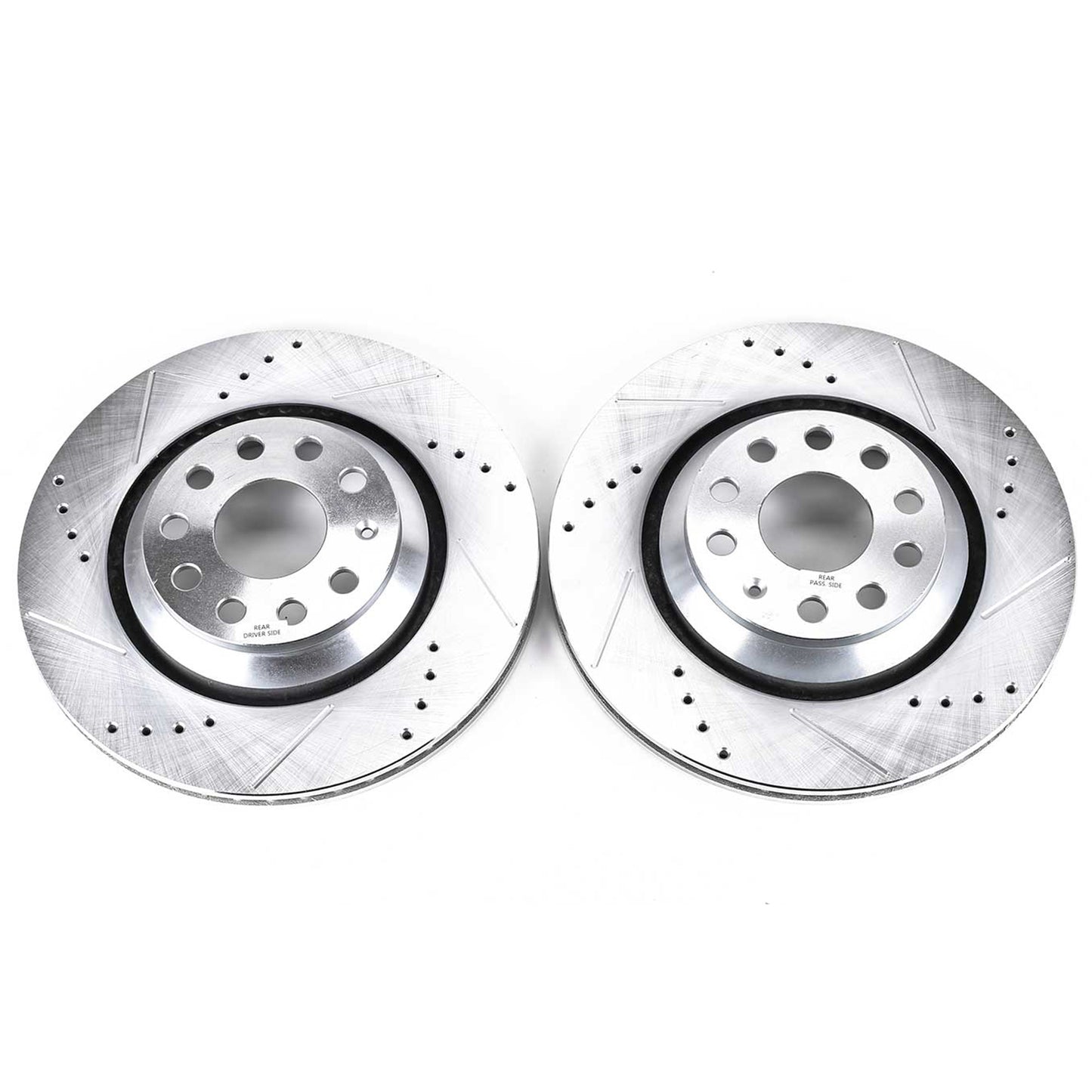 VW Golf R Audi S3 - Rear Drilled and Slotted Brake Disc Rotors by PowerStop Evolution (GTI CC Atlas Arteon TTS RS Quattro S3 RS3 Q3 Volkswagen) (EBR1070XPR)