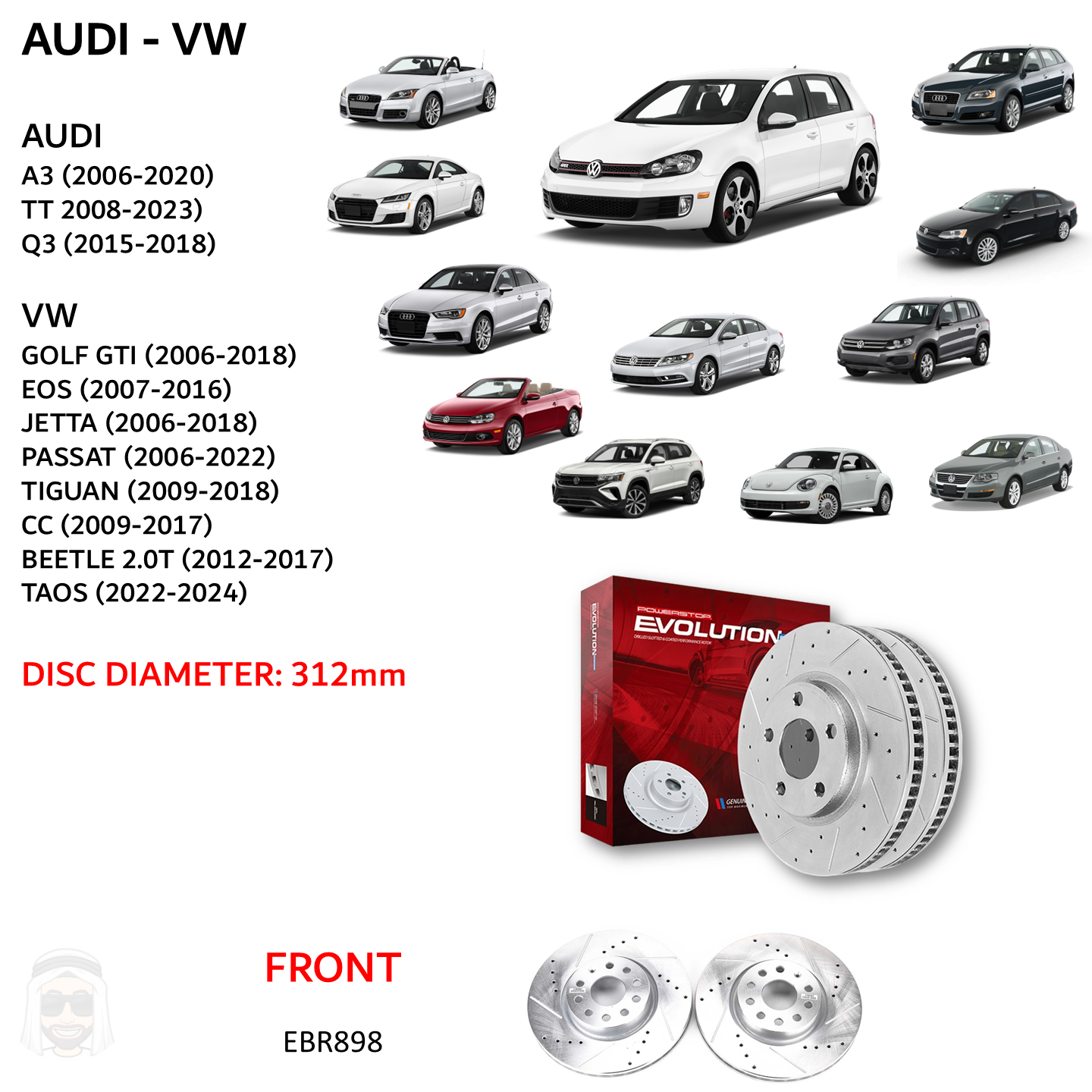 Audi A3 VW Golf GTI - Front Drilled and Slotted Brake Disc Rotors by PowerStop Evolution (Volkswagen) (EBR898XPR)