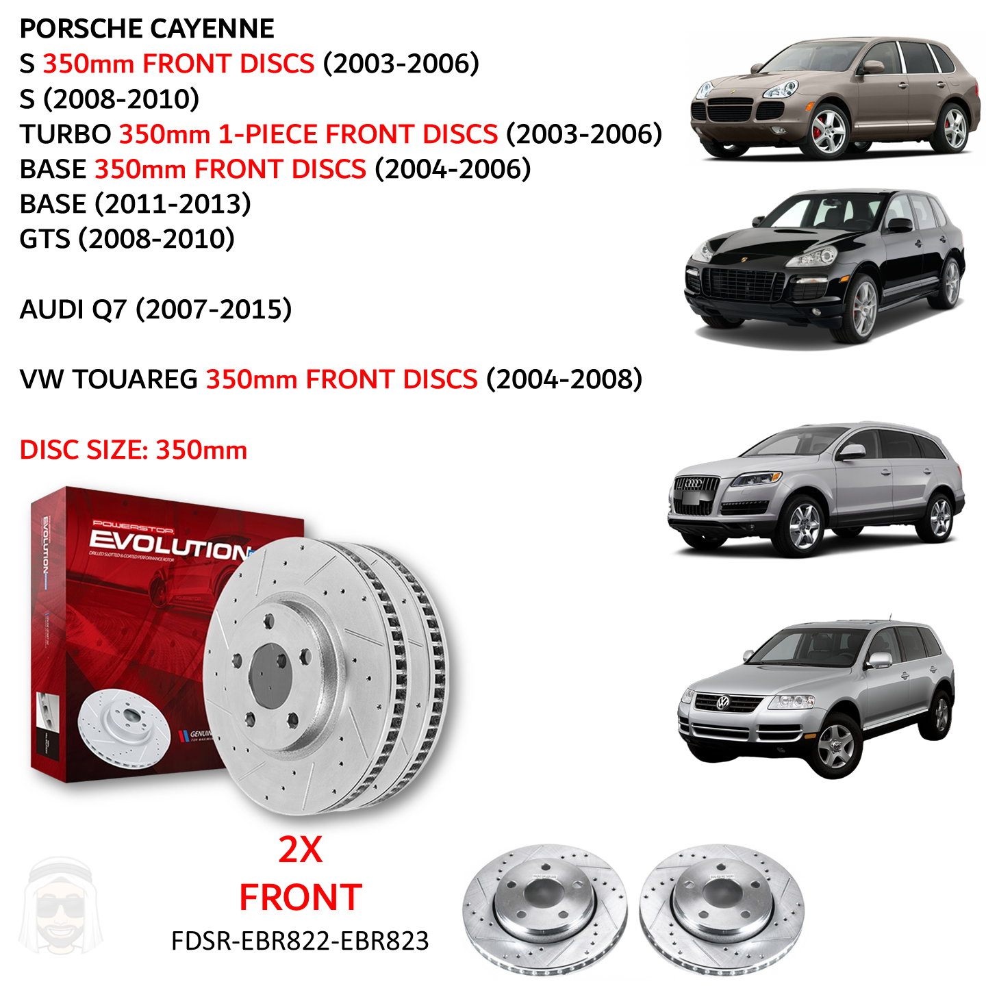 Cayenne Touareg - 350mm Front Drilled and Slotted Brake Disc Rotors by PowerStop Evolution (Porsche Volkswagen VW S GTS Base Turbo Audi Q7) (EBR822XPR EBR823XPR)
