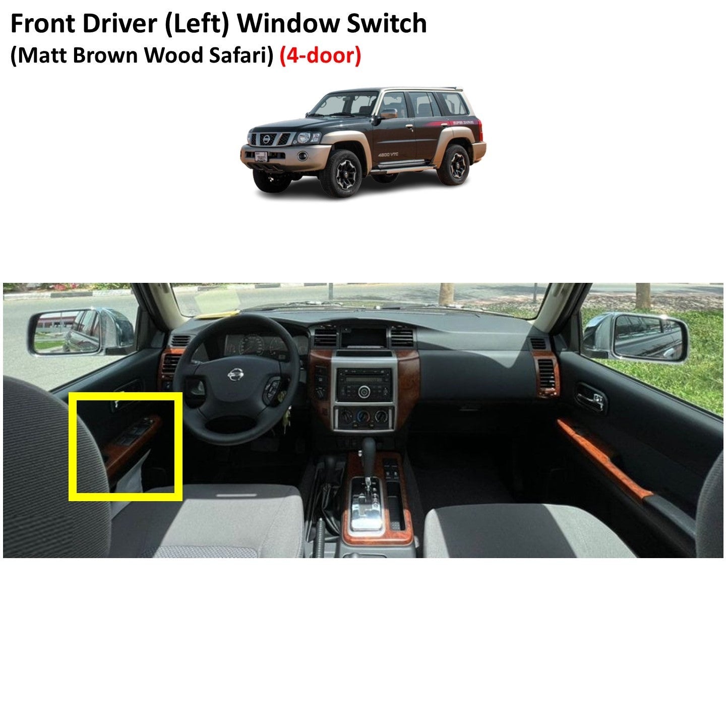 Front Left (Driver Side) Window Switch Trim (Matt Brown Wood Safari) Nissan Patrol Y61 VTC GU (4-door)