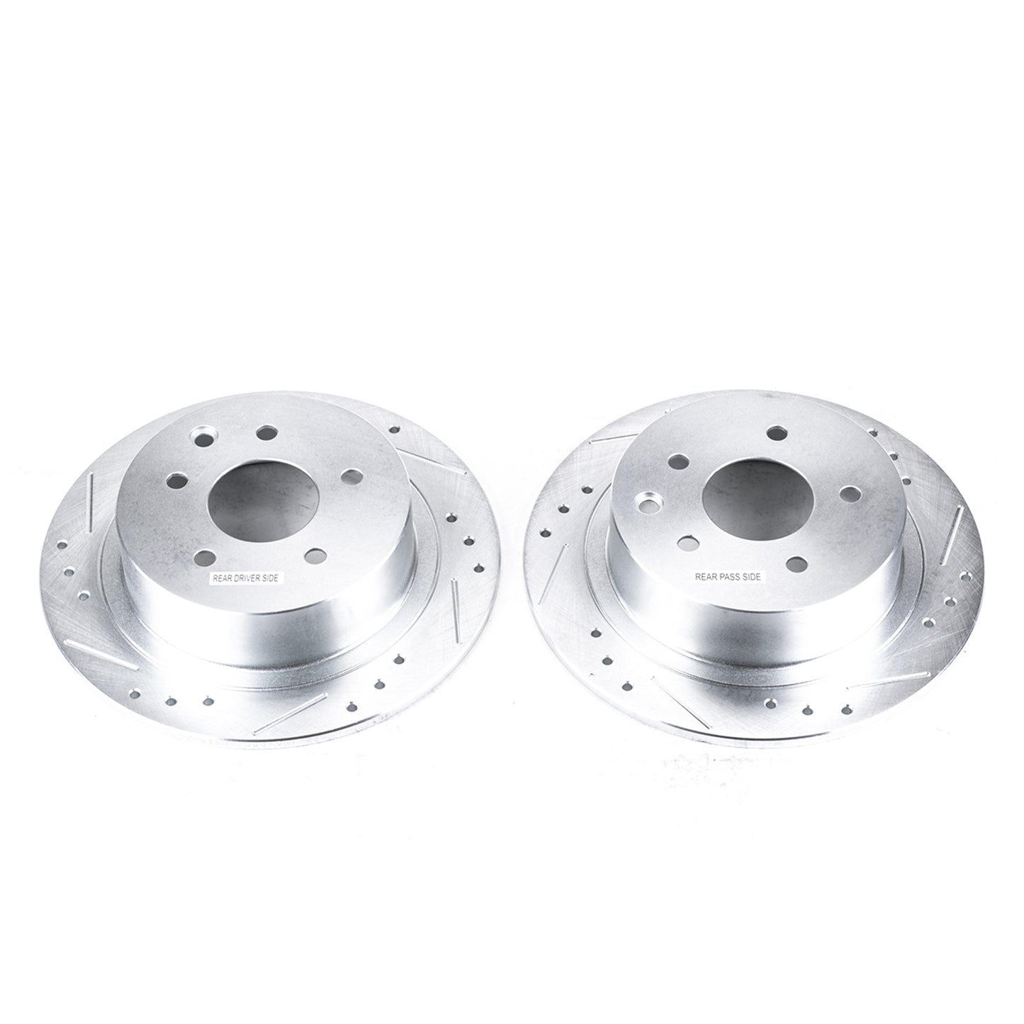 Nissan Altima 2002 to 2023 - Rear Drilled and Slotted Brake Disc Rotors by PowerStop Evolution (Maxima Sentra Juke) (JBR1102XPR)