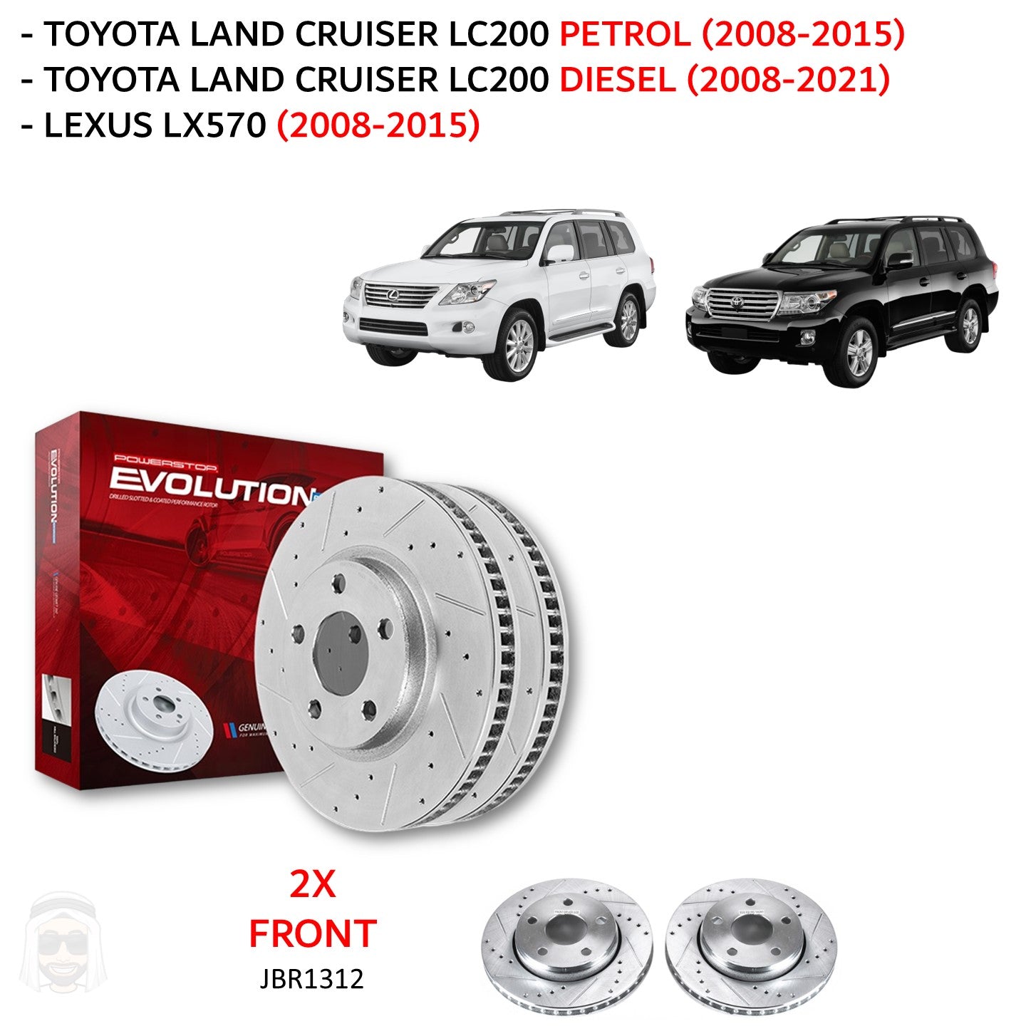 Toyota LC200 (2008-2015) - Front Drilled and Slotted Brake Disc Rotors by PowerStop Evolution (Land Cruiser Lexus LX570) (JBR1312XPR)