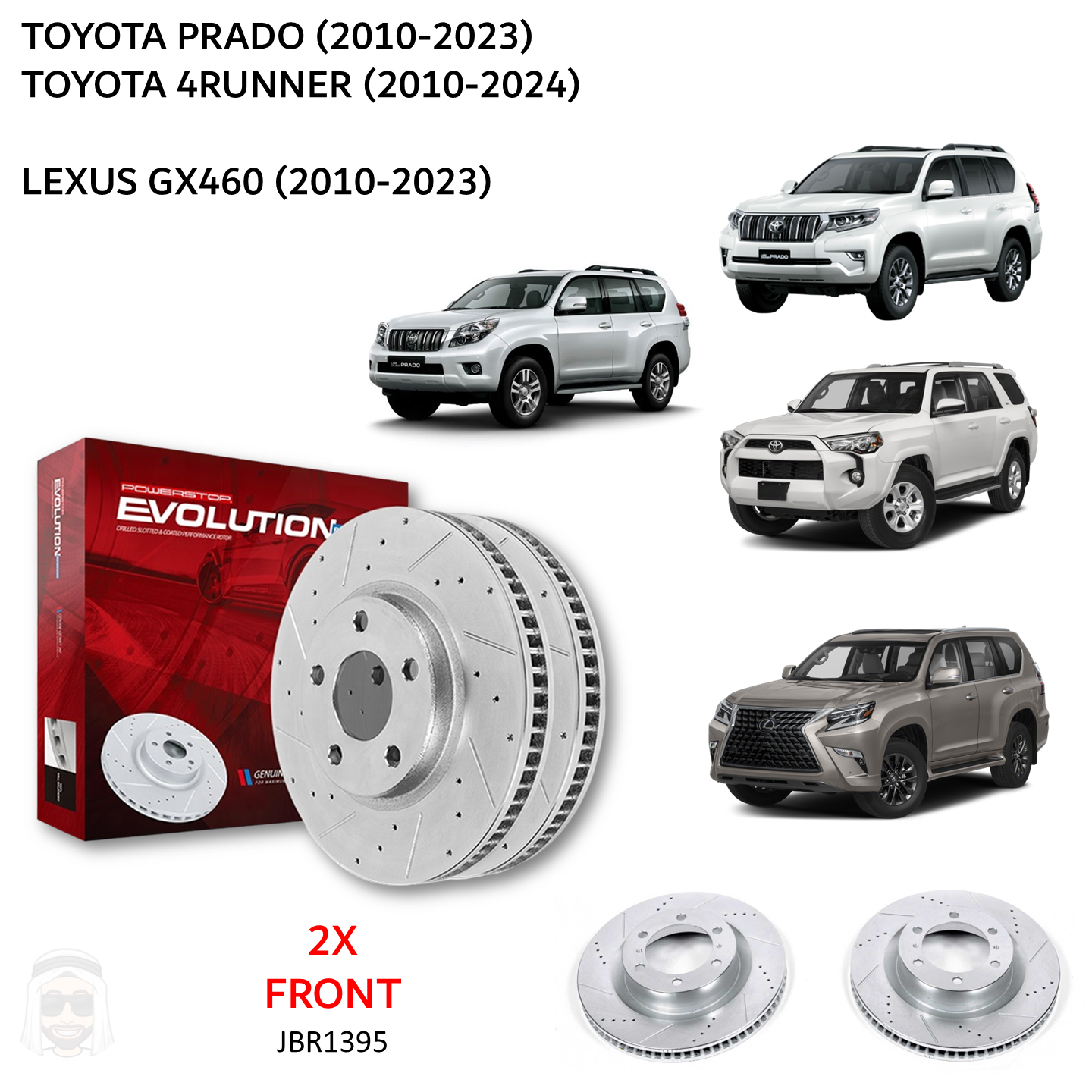 Prado GX460 (2010-2023) Front Drilled and Slotted Brake Disc Rotors by PowerStop Evolution (Toyota 4Runner Lexus) (JBR1395XPR)