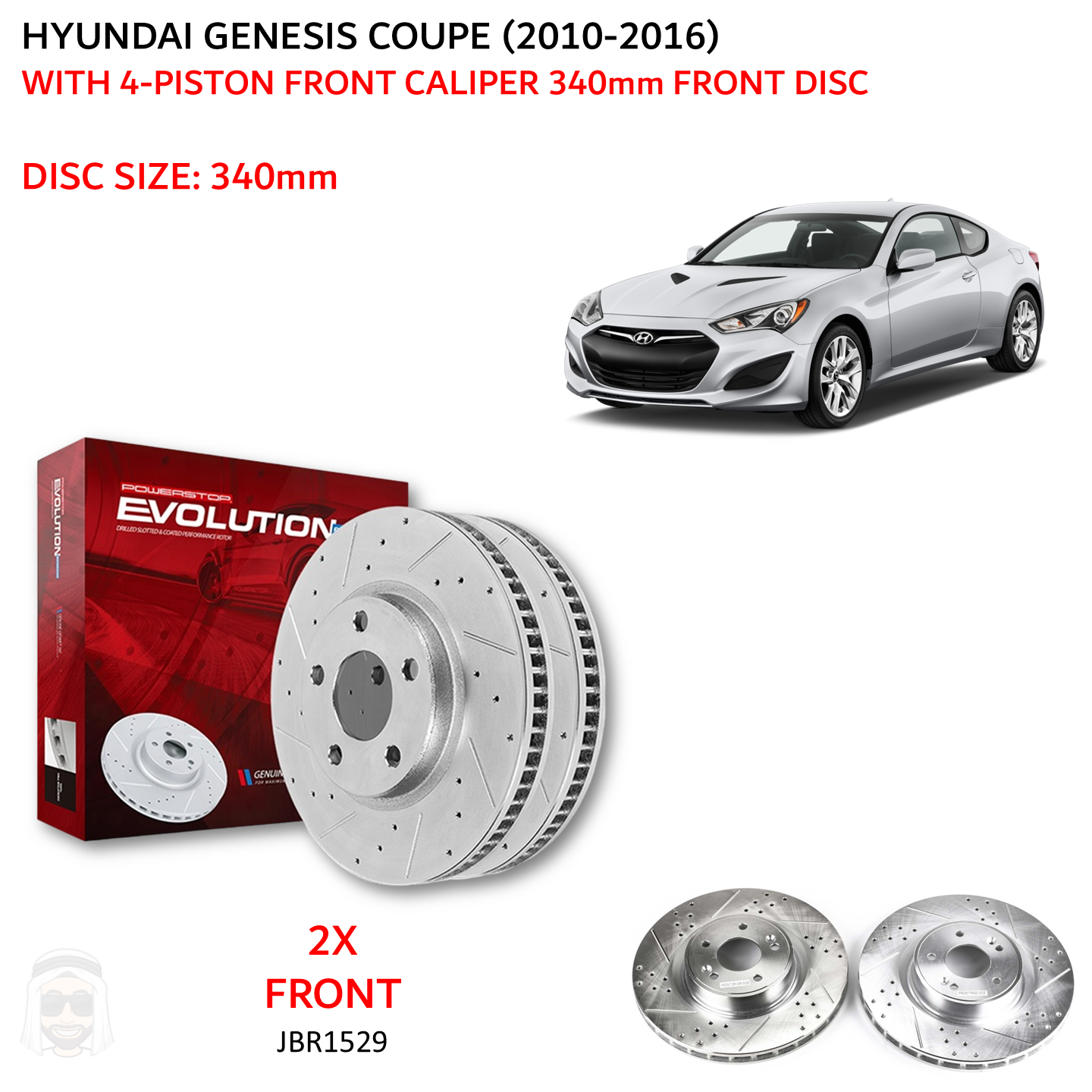 Genesis Coupe 2010-2016 (4-Piston) 340mm Front Drilled and Slotted Brake Disc Rotors by PowerStop Evolution (Hyundai) (JBR1529XPR)