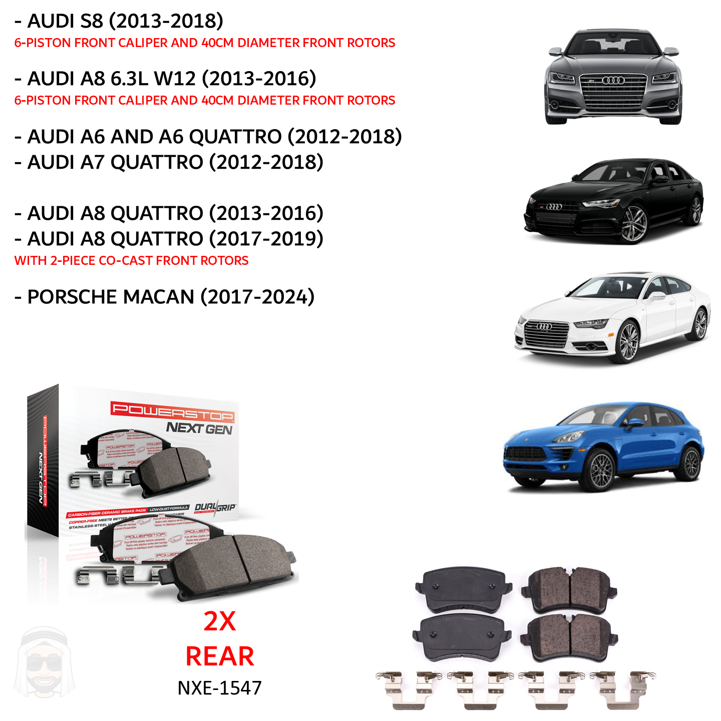 Audi Porsche (2013 to 2021) - Rear Carbon Fiber Ceramic Brake Pads by PowerStop NextGen (S8 A8 A6 A7 Macan S GTS Base) (NXE-1547)