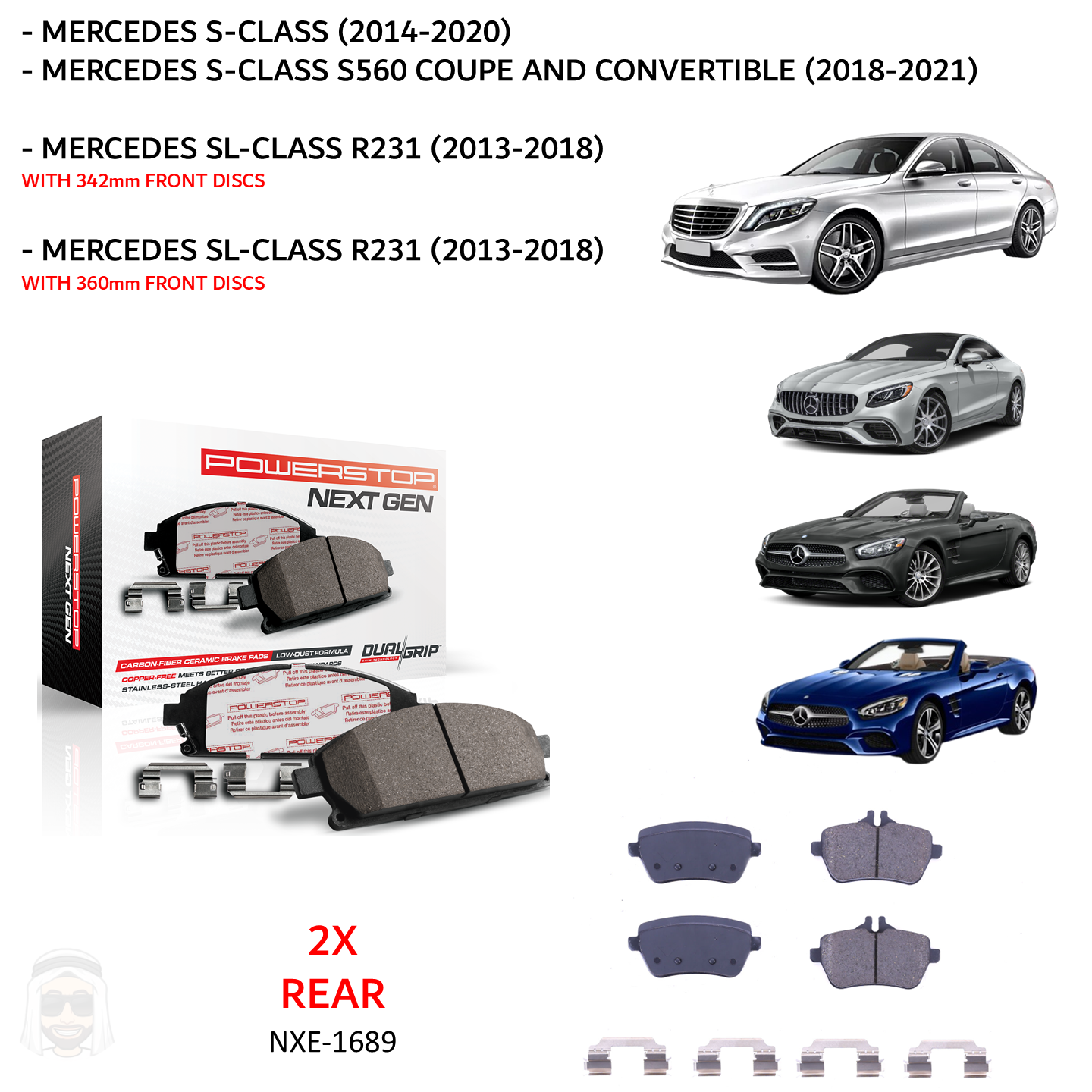 Mercedes S Class and SL R231 - Rear Carbon Fiber Ceramic Brake Pads by PowerStop NextGen (W222 Sedan S350 S400 S450 S500 S550 S560 SL400 SL500 SL550 Coupe Convertible AMG) (NXE-1689)