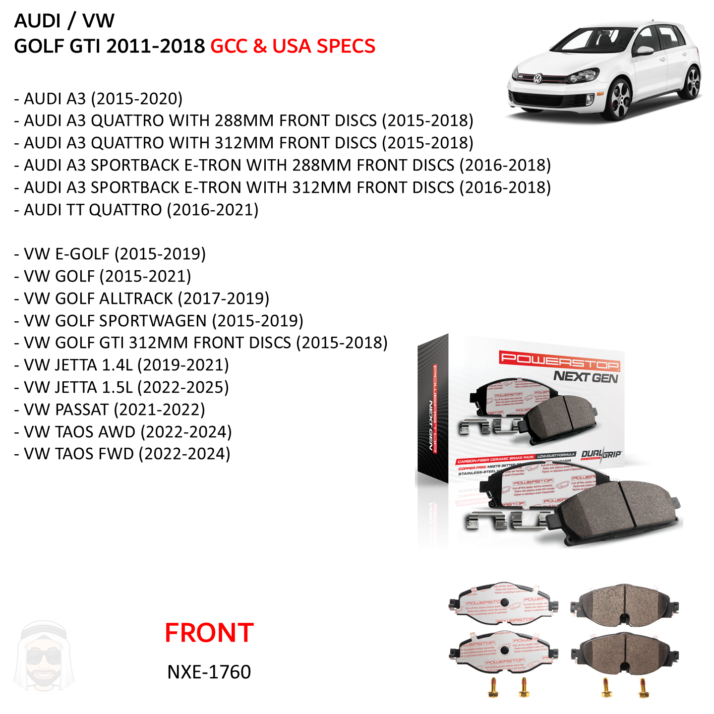 VW Golf GTI 2011 to 2018 - Front Carbon Fiber Ceramic Brake Pads by PowerStop NextGen (GCC USA Specs Volkswagen) (NXE-1760)