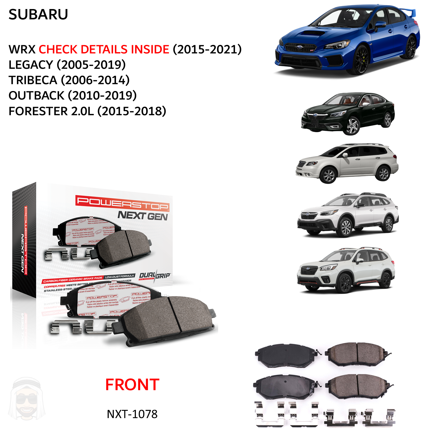 Subaru (2005-2021) - Front Carbon Fiber Ceramic Brake Pads by PowerStop NextGen (WRX Legacy Tribeca Outback Forester) (NXT-1078)