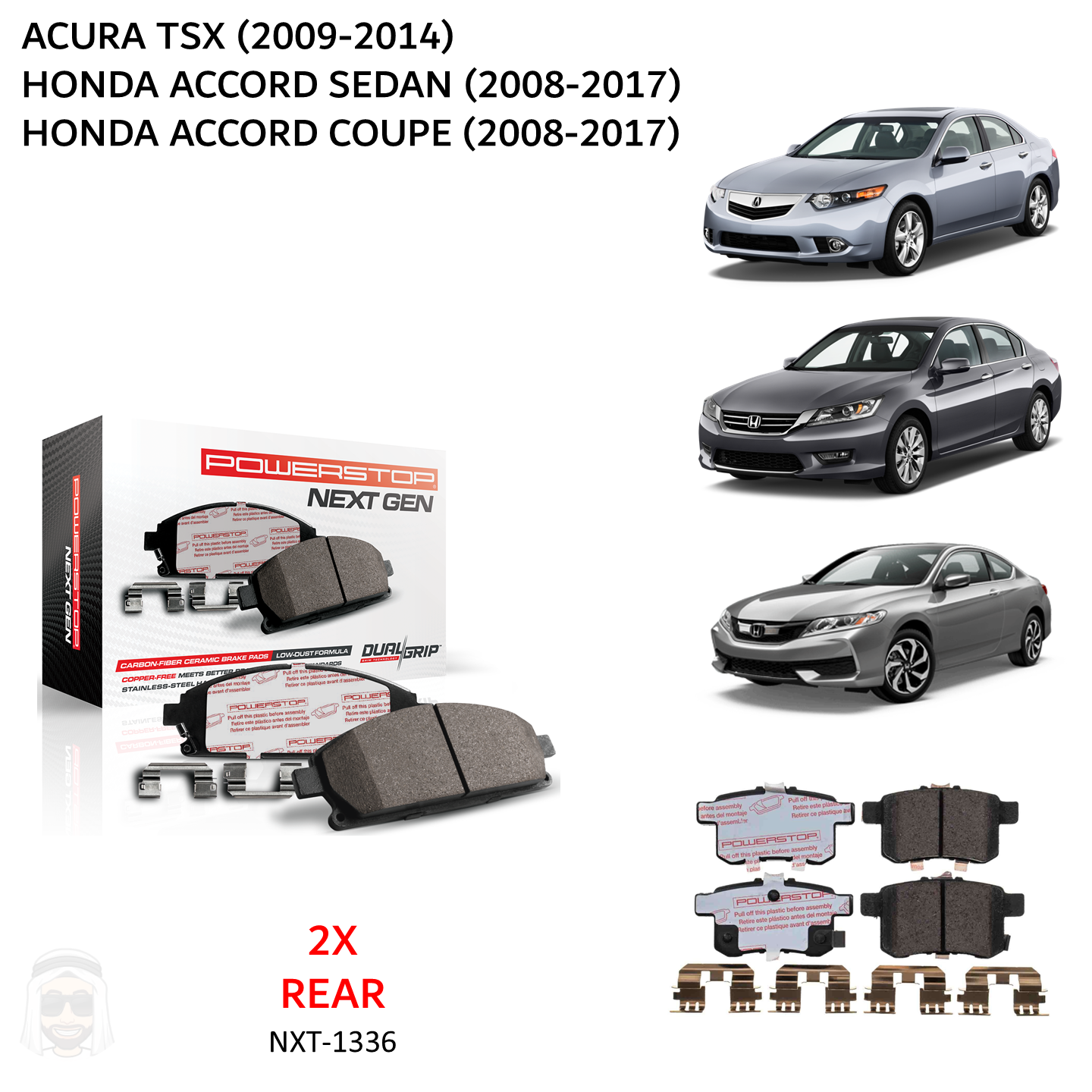 Honda Accord (2008-2017) Rear Carbon Fiber Ceramic Brake Pads by PowerStop NextGen (Sedan Coupe Acura TSX) (NXT-1336)