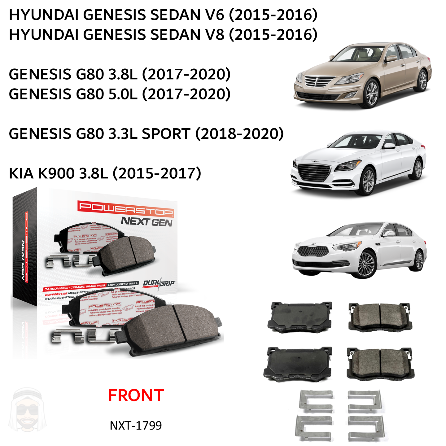 Genesis (2015-2020) - Front Carbon Fiber Ceramic Brake Pads by PowerStop NextGen (Hyundai V6 V8 Sport G80 Kia K900) (NXT-1799)