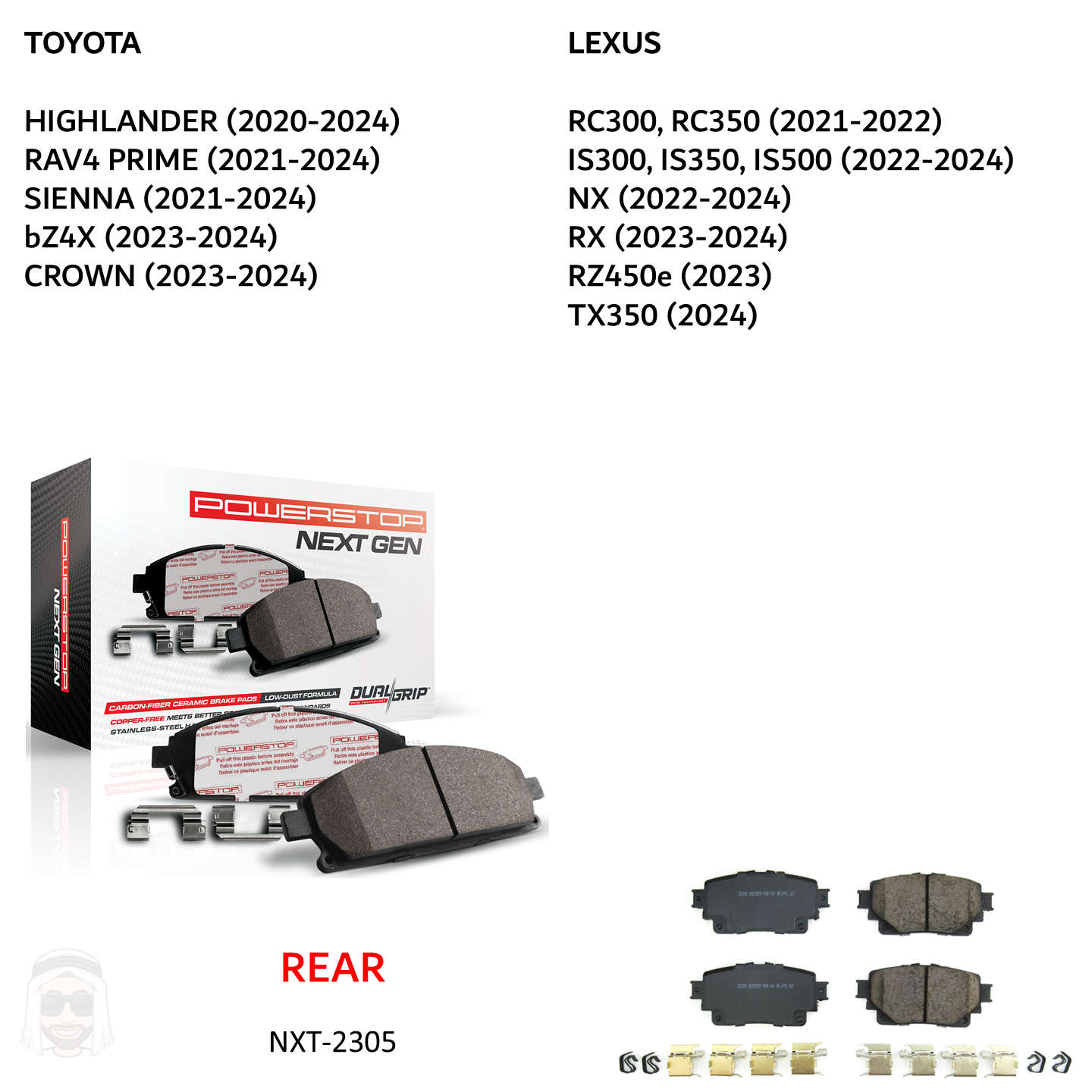 Toyota Lexus (2020-2024) - Rear Carbon Fiber Ceramic Brake Pads by PowerStop NextGen (Highlander RAV4 Prime Siena bZ4X Crown Lexus RC IS NX RX RZ TX) (NXT-2305)