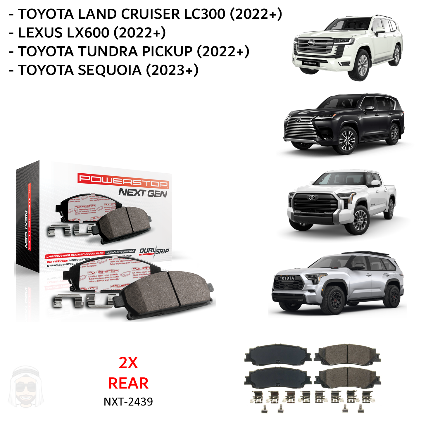 Toyota Land Cruiser LC300 - Rear Carbon Fiber Ceramic Brake Pads by PowerStop NextGen (Lexus LX600 Tundra Sequoia 2022+) (NXT-2439)