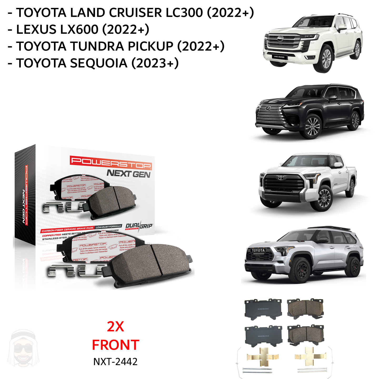 Toyota Land Cruiser LC300 - Front Carbon Fiber Ceramic Brake Pads by PowerStop NextGen (Lexus LX600 Tundra Sequoia 2022+) (NXT-2442)