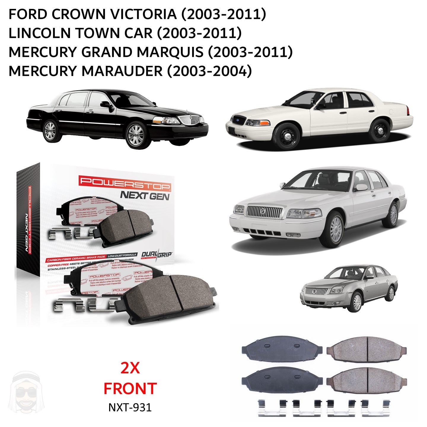 Crown Victoria (2003-2011) - Front Carbon Fiber Ceramic Brake Pads by PowerStop NextGen (Ford Lincoln Town Car Sedan Limo Mercury Grand Marquis Marauder) (NXT-931)