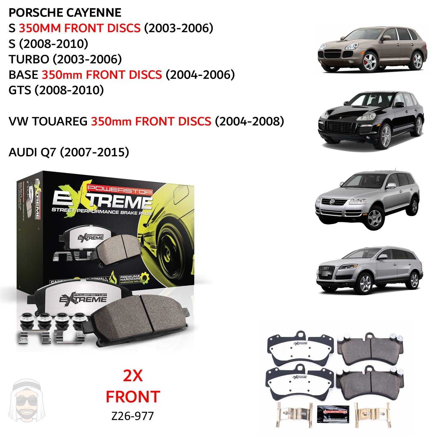 Cayenne Touareg Audi - Front Carbon Ceramic Brake Pads by PowerStop Extreme Z26 (Porsche S Turbo base GTS VW Volkswagen Q7) (Z26-977)