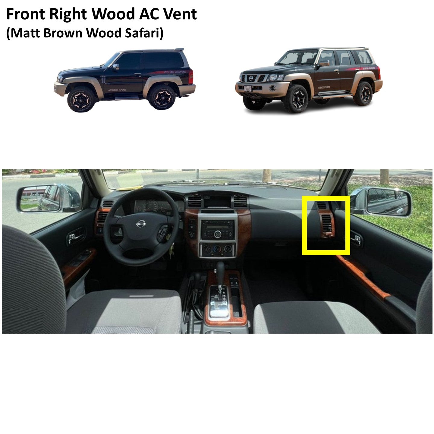 Front Right Wood AC Vent Trim (Matt Brown Wood Safari) Nissan Patrol Y61 VTC GU