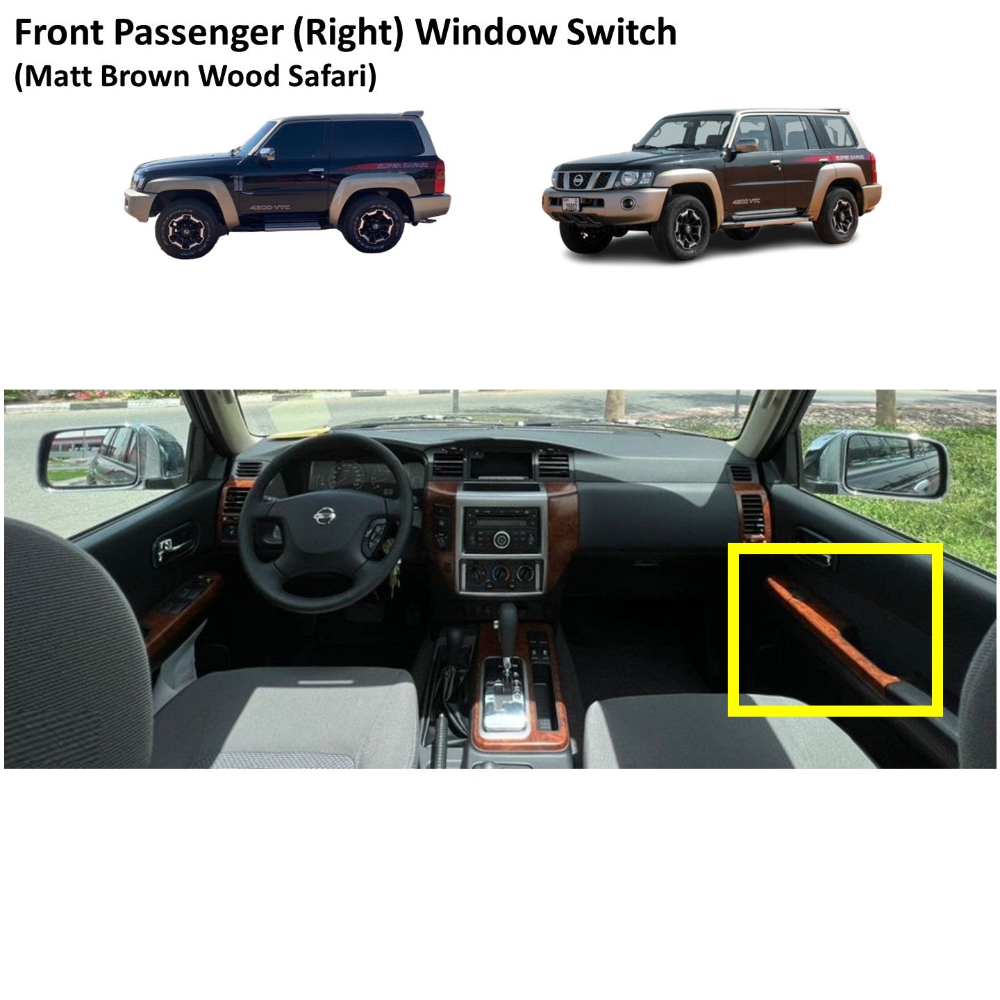 Front Right (Passenger Side) Window Switch Trim (Matt Brown Wood Safari) Nissan Patrol Y61 VTC GU