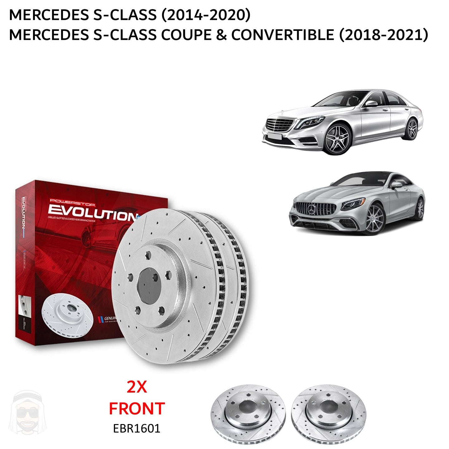 Mercedes S Class (2014-2020) - Front Drilled and Slotted Brake Disc Rotors by PowerStop Evolution (W222 S450 S500 S550 S560 Sedan Coupe Convertible Maybach) (EBR1601XPR)