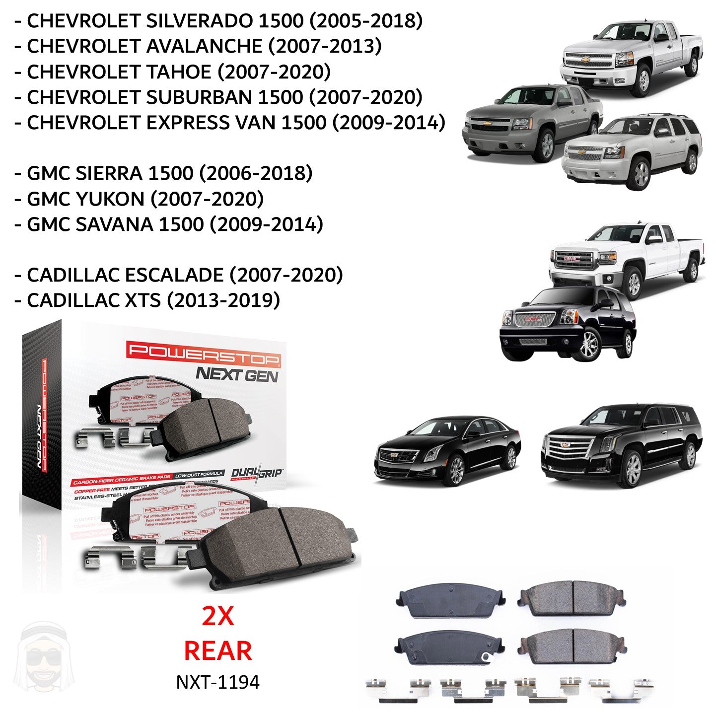 Chevrolet GMC Cadillac (2005-2020) - Rear Carbon Fiber Ceramic Brake Pads by PowerStop NextGen (Silverado 1500 Avalanche Tahoe Suburban Express Van Sierra Denali XL Yukon Savana Escalade XTS) (NXT-1194)