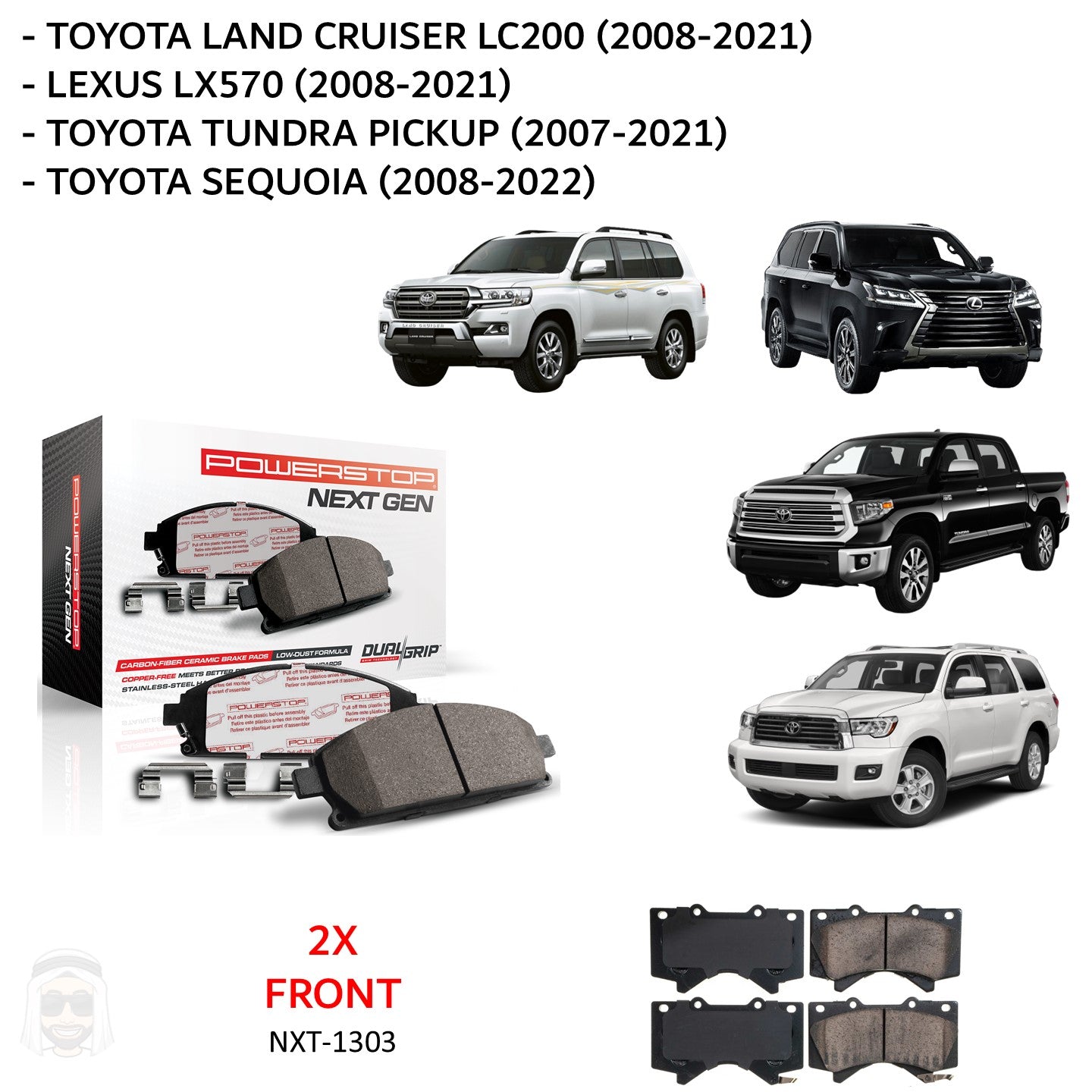 Toyota LC200 - Front Carbon Fiber Ceramic Brake Pads by PowerStop NextGen (Land Cruiser Lexus LX570 Tundra Sequoia 2008 2021)
