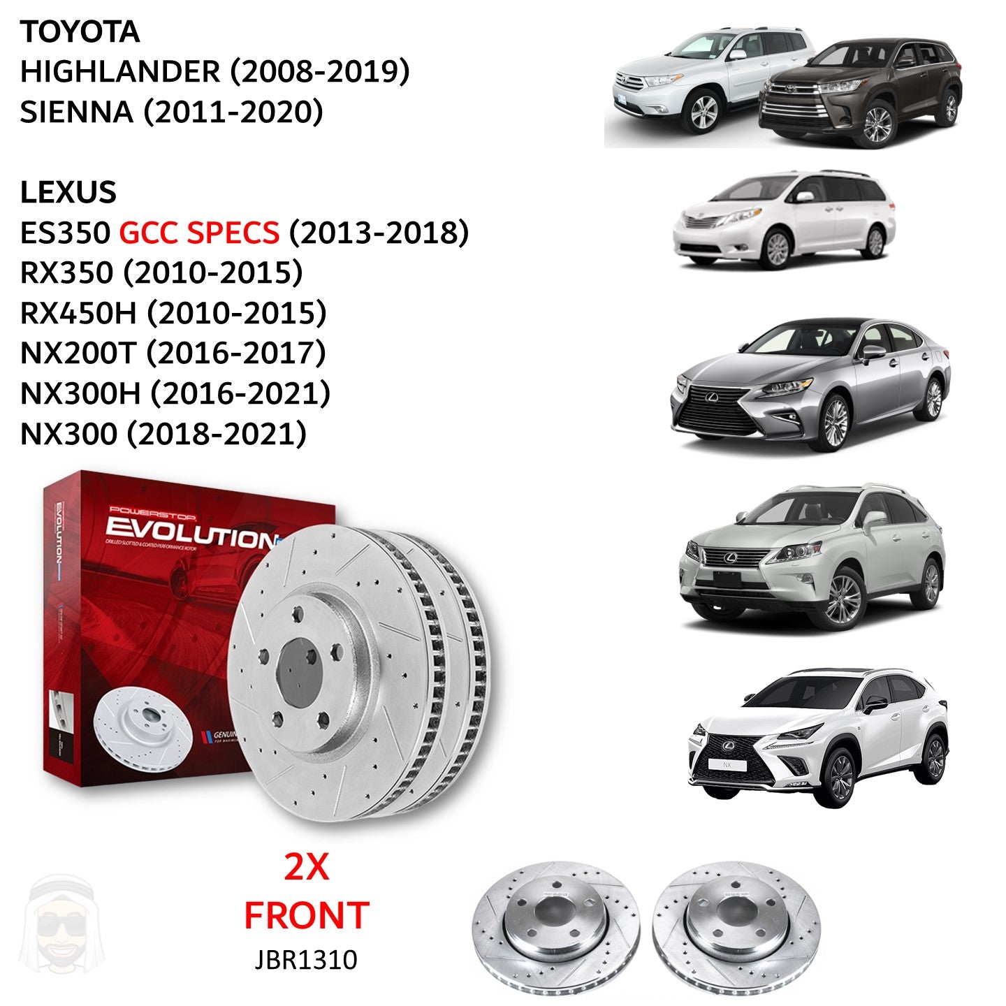 Toyota Lexus - Front Drilled and Slotted Brake Disc Rotors by PowerStop Evolution (ES350 GCC RX350 RX450h NX200t NX300h Highlander Sienna) (JBR1310XPR)