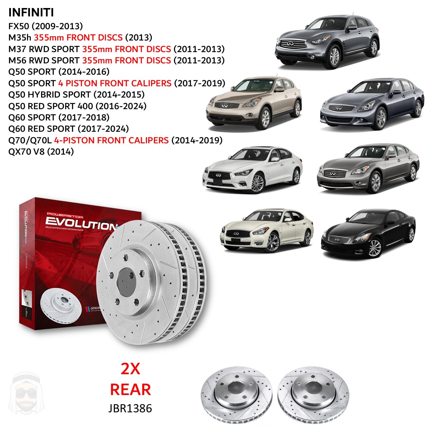 Infiniti - Rear Drilled and Slotted Brake Disc Rotors by PowerStop Evolution (FX50 M35h M37 M56 Q50 Q60 Q70L QX70 Red Sport Hybrid V8) (JBR1386XPR)