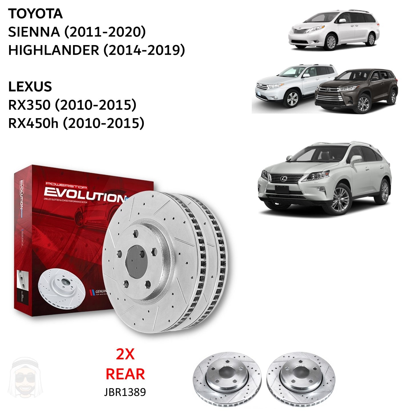 Toyota Lexus - Rear Drilled and Slotted Brake Disc Rotors by PowerStop Evolution (RX350 RX450h Sienna Highlander) (JBR1389XPR)