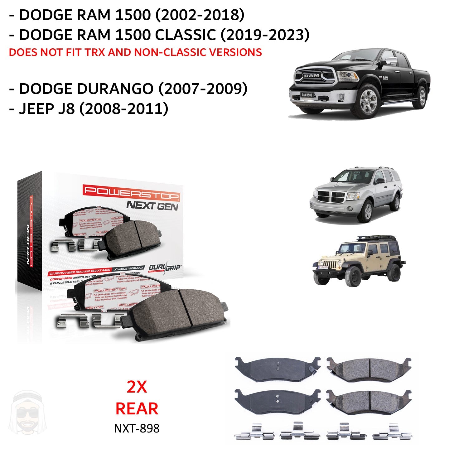 Dodge RAM 1500 Classic 2006 to 2023 - Rear Carbon Fiber Ceramic Brake Pads by PowerStop NextGen (Durango Jeep Wrangler J8) (NXT-898)
