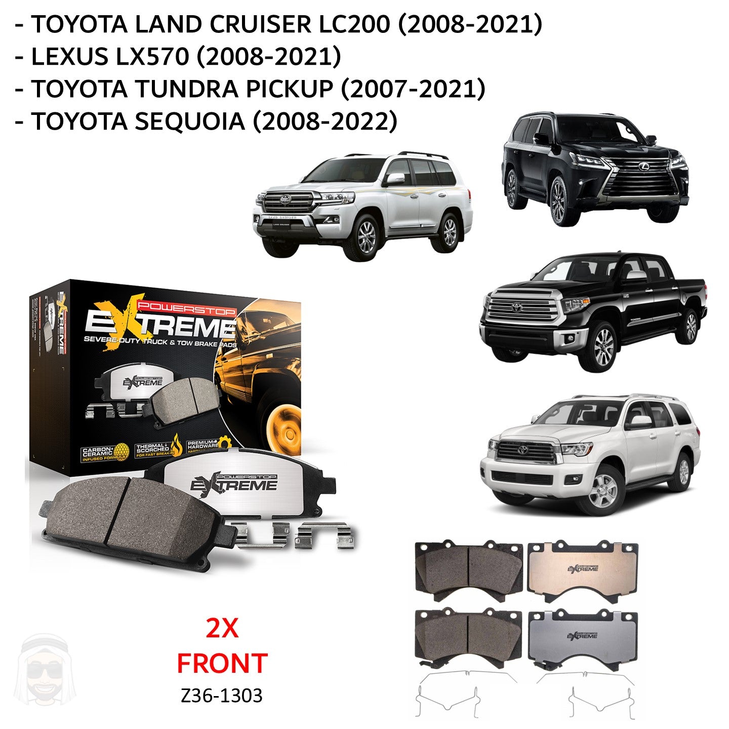 Toyota LC200 - Front Carbon Ceramic Brake Pads by PowerStop Extreme Z36 (Land Cruiser Lexus LX570 Tundra Sequoia 2008 2021) (Z36-1303)