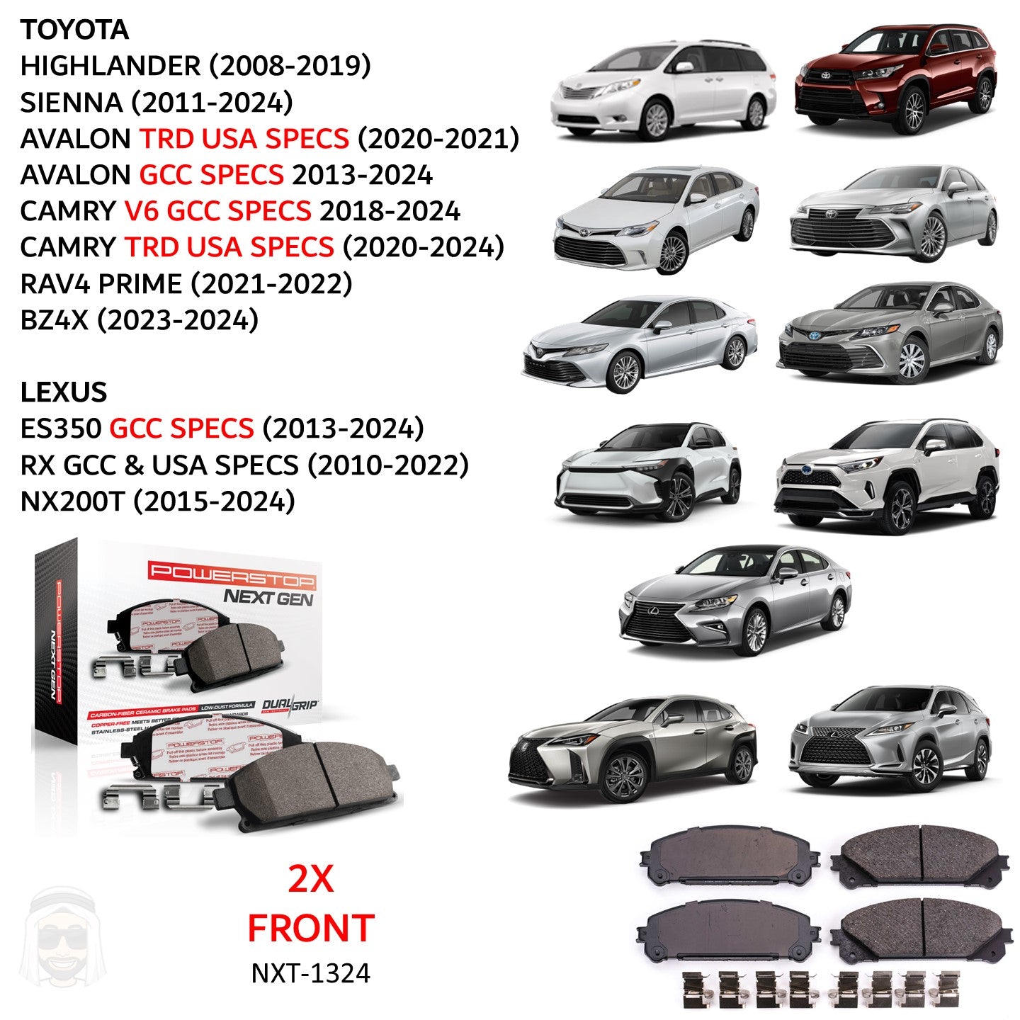 Toyota Lexus - Front Carbon Fiber Ceramic Brake Pads by PowerStop NextGen (Highlander Sienna Avalon Camry RAV4 bZ4X RX350L RX450hL NX200t NX250 NX300h NX350h Prime TRD GCC USA) (NXT-1324)