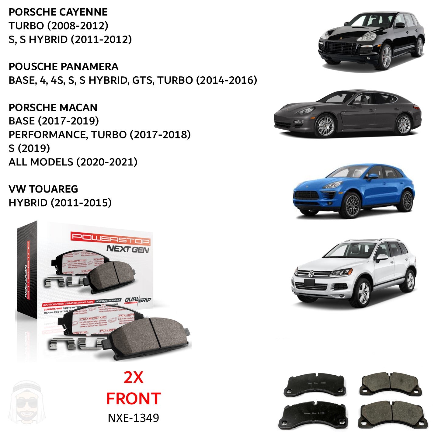 Cayenne Panamera Macan - Front Carbon Fiber Ceramic Brake Pads by PowerStop NextGen (Porsche Turbo S Hybrid base 4S Executive GTS Performance VW Touareg Volkswagen) (NXE-1349)