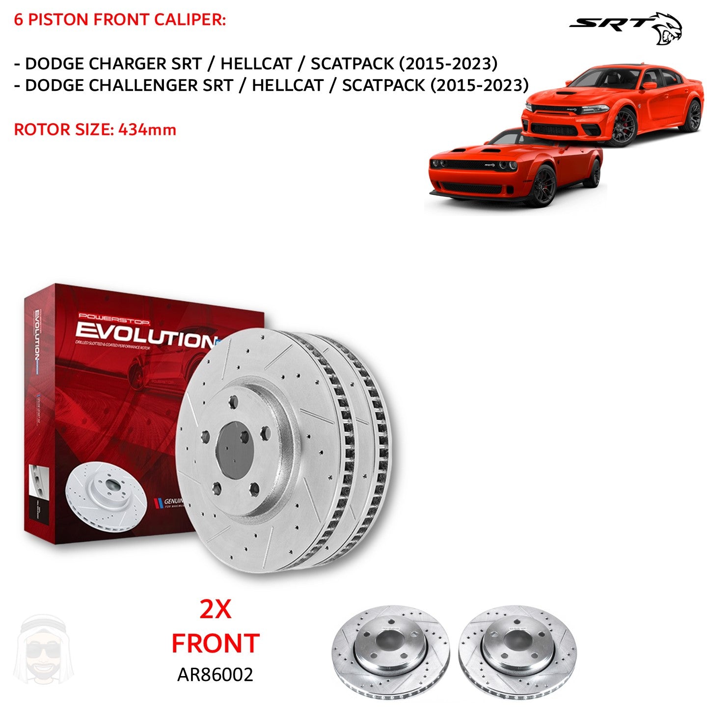 Dodge 6-Piston - Front Drilled and Slotted Brake Disc Rotors by PowerStop Evolution (Charger Challenger Scat Pack SRT 392 Hellcat) (AR86002XPR)