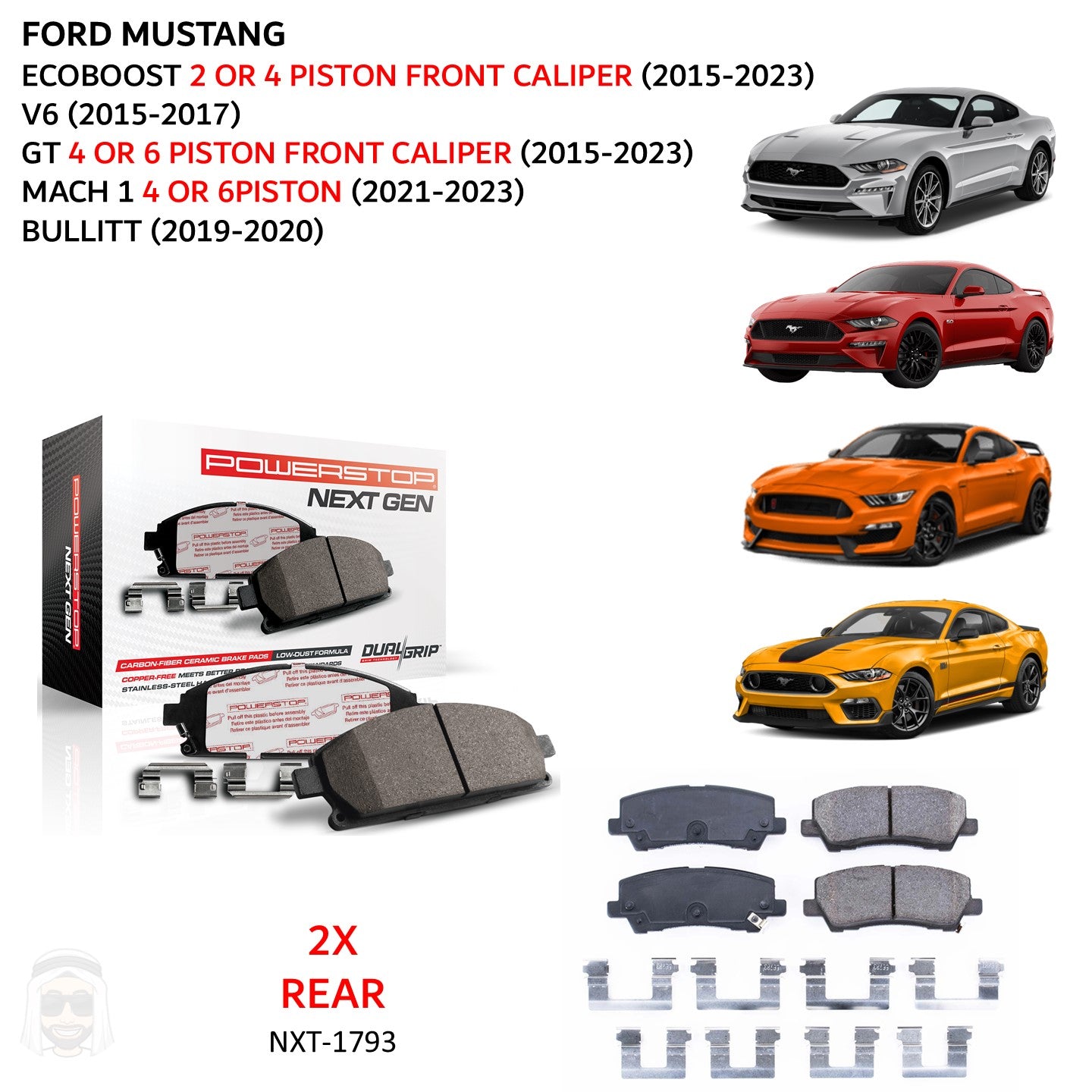Mustang (2015-2023) Rear Carbon Fiber Ceramic Brake Pads by PowerStop NextGen (Ford Ecoboost Premium V6 GT Mach 1 Bullitt) (NXT-1793)
