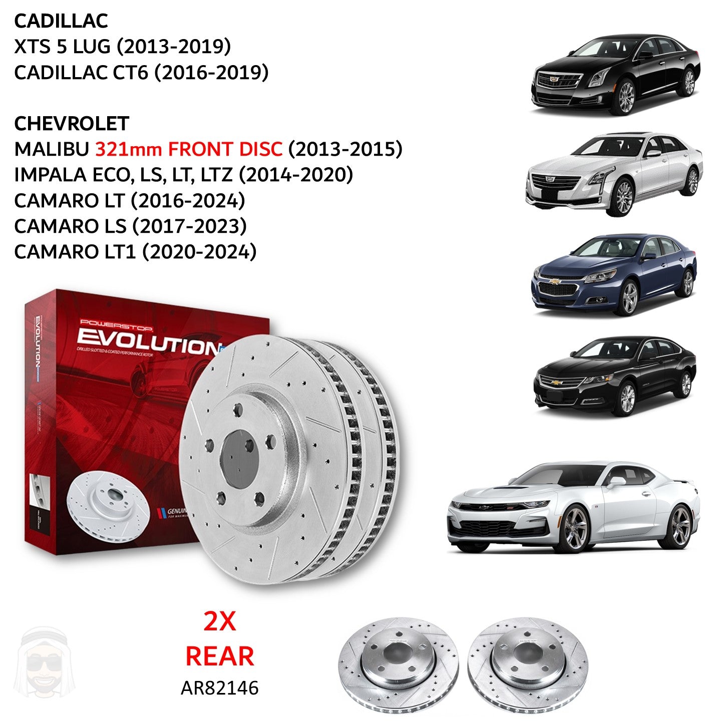 Chevrolet Camaro (2016-2024) - Rear Drilled and Slotted Brake Disc Rotors by PowerStop Evolution (Cadillac XTS CT6 Malibu Impala LS LT1) (AR82146XPR)