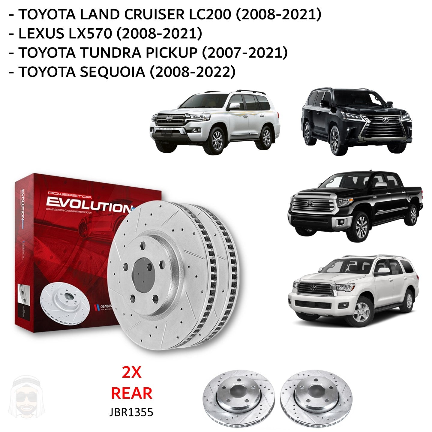 Toyota LC200 (2008-2021) - Rear Drilled and Slotted Brake Disc Rotors by PowerStop Evolution (Land Cruiser Tundra Sequoia Lexus LX570)