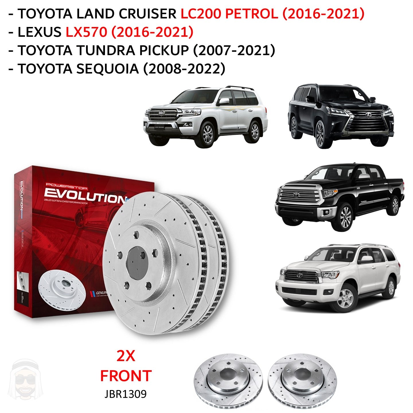 Toyota LC200 (2016-2021) and Tundra (2008-2021) - Front Drilled and Slotted Brake Disc Rotors by PowerStop Evolution (Land Cruiser Sequoia Lexus LX570)