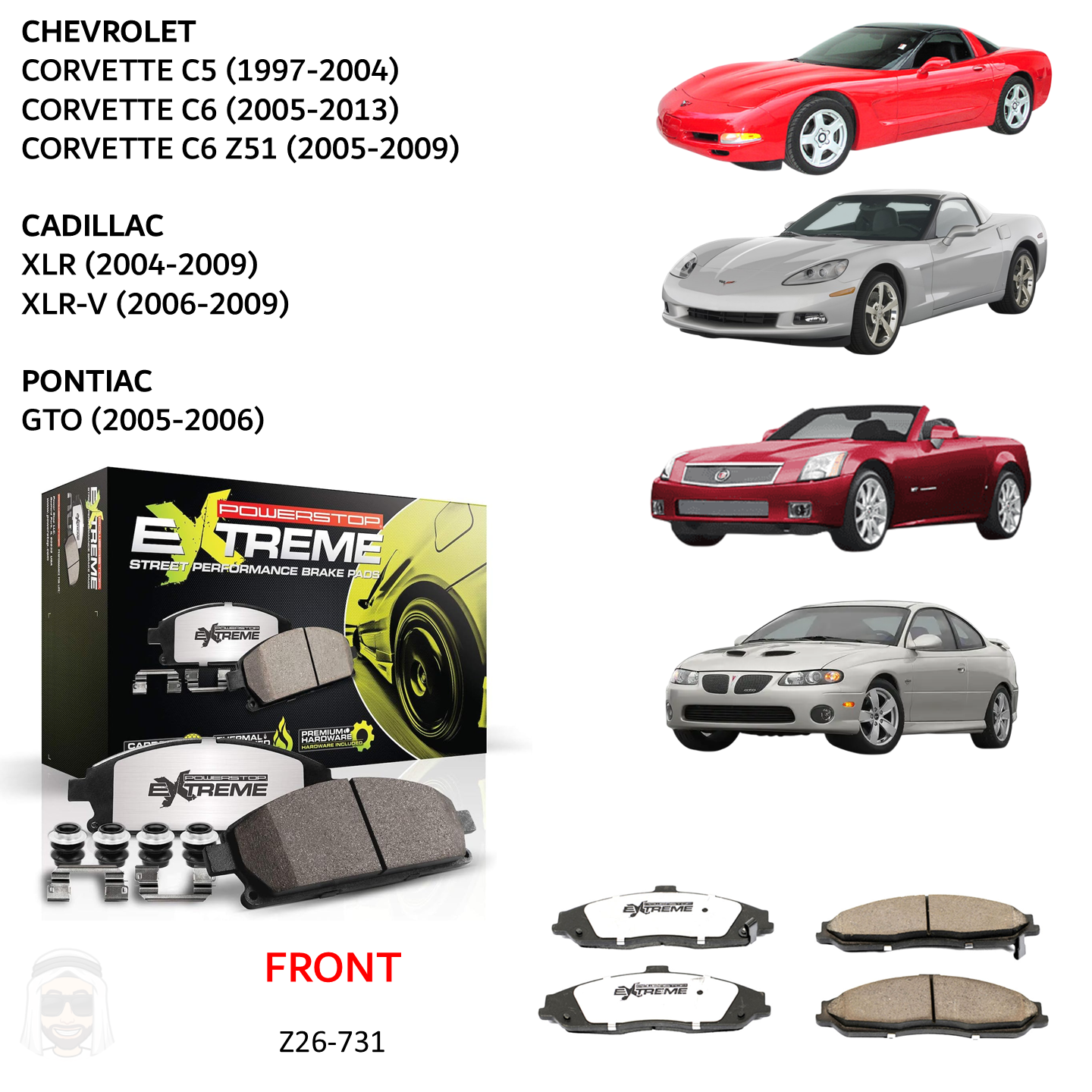 Corvette (1997-2013) - Front Carbon Ceramic Brake Pads by PowerStop Extreme Z26 (C5 C6 Z51 Cadillac XLR XLR-V Supercharged Pontiac GTO) (Z26-731)
