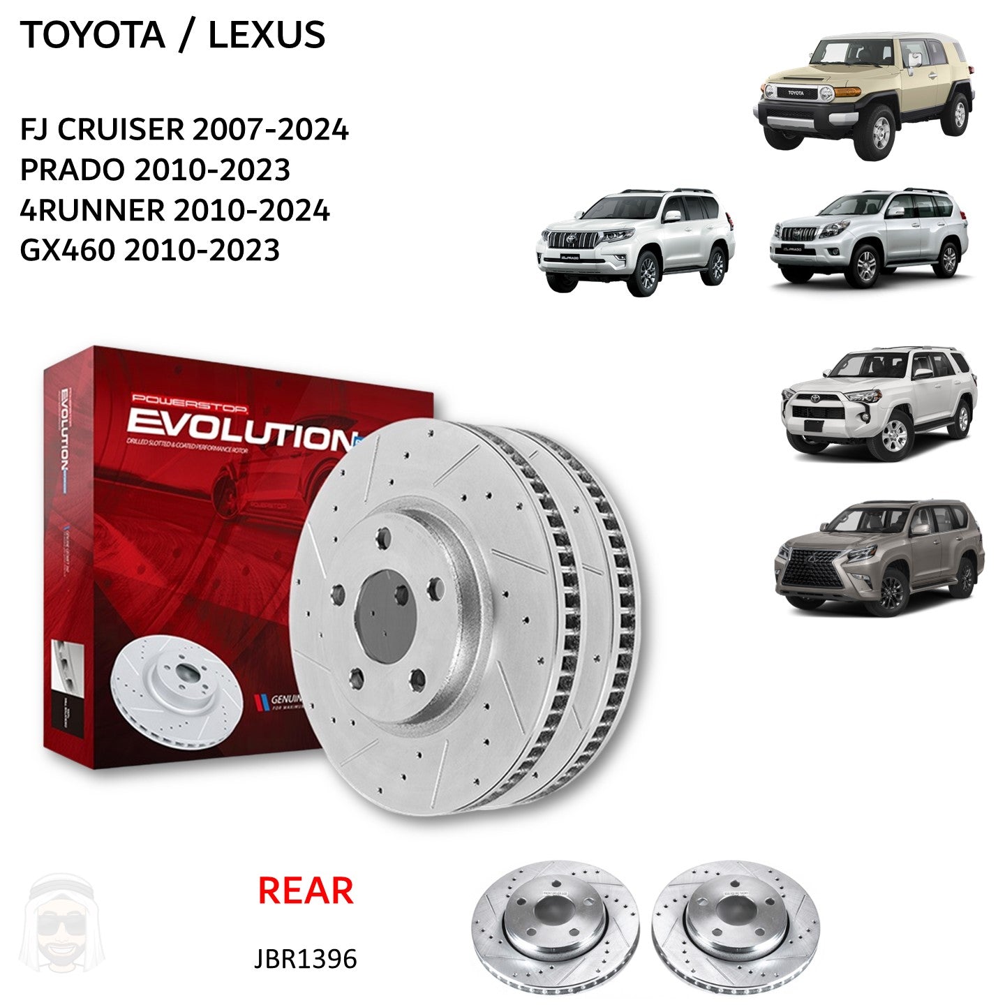 Toyota Lexus (FJ Cruiser Prado 4Runner GX460) Rear Drilled and Slotted Brake Disc Rotors by PowerStop Evolution (JBR1396XPR)