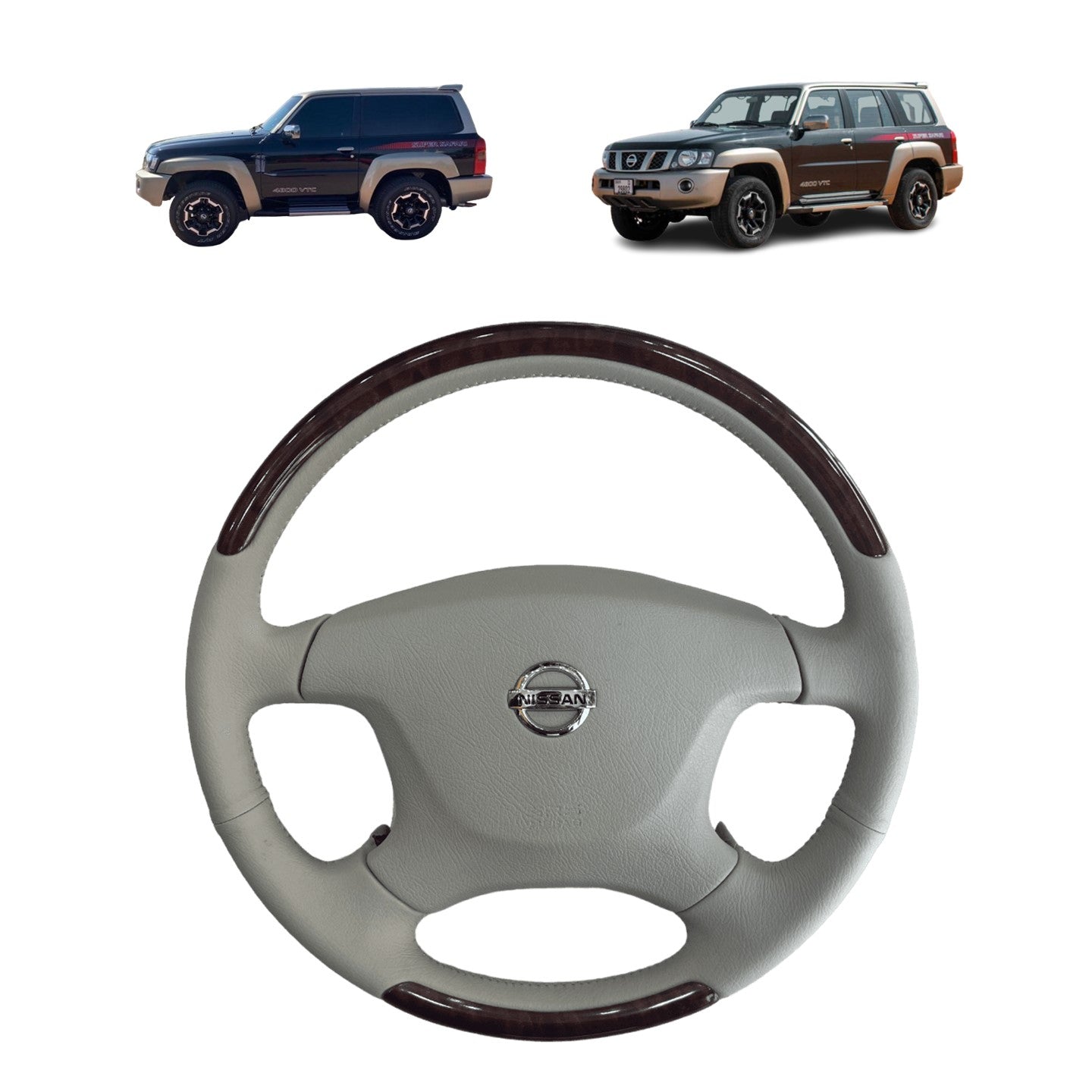 Beige Steering Wheel with Shiny Brown Wood Super Safari Nissan Patrol Y61 VTC GU