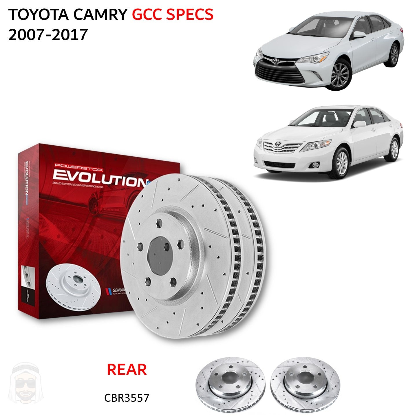 Toyota Camry 2007 to 2017 - Rear Drilled and Slotted Brake Disc Rotors by PowerStop Evolution (GCC Specs) (CBR3557XPR)